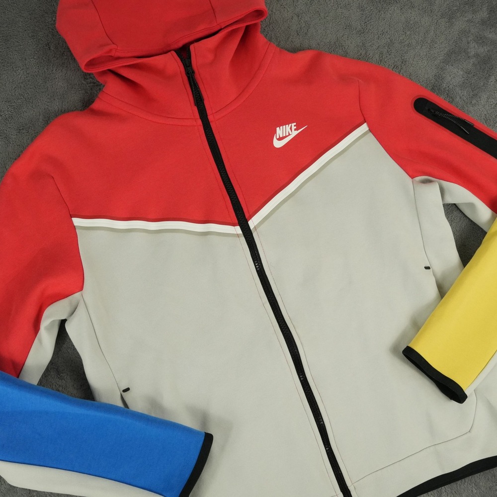 Nike Sportswear Tech Fleece Hoodie Mens M Red Gray Blue Yellow Colorblock Zip‎